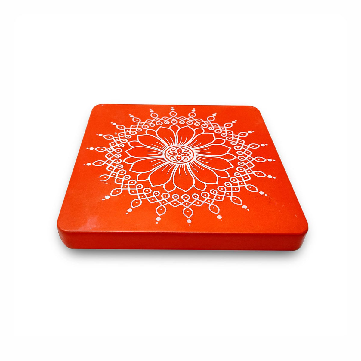 Amary Pooja Chowki | Wooden Palaka/Mane Pedestal for Puja and Diya stand |Traditional MDF Base with Intricate Design | Durable & Decorative | Square Shape – Orange (Small - 15cm x15cm)