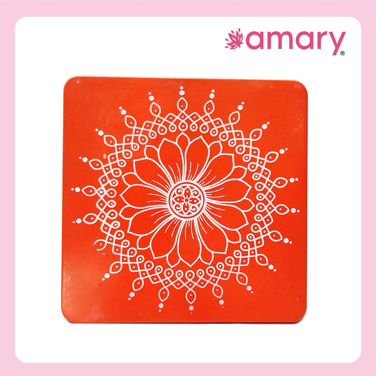 Amary Pooja Chowki | Wooden Palaka/Mane Pedestal for Puja and Diya stand |Traditional MDF Base with Intricate Design | Durable & Decorative | Square Shape – Orange (Small - 15cm x15cm)
