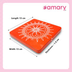 Amary Pooja Chowki | Wooden Palaka/Mane Pedestal for Puja and Diya stand |Traditional MDF Base with Intricate Design | Durable & Decorative | Square Shape – Orange (Small - 15cm x15cm)