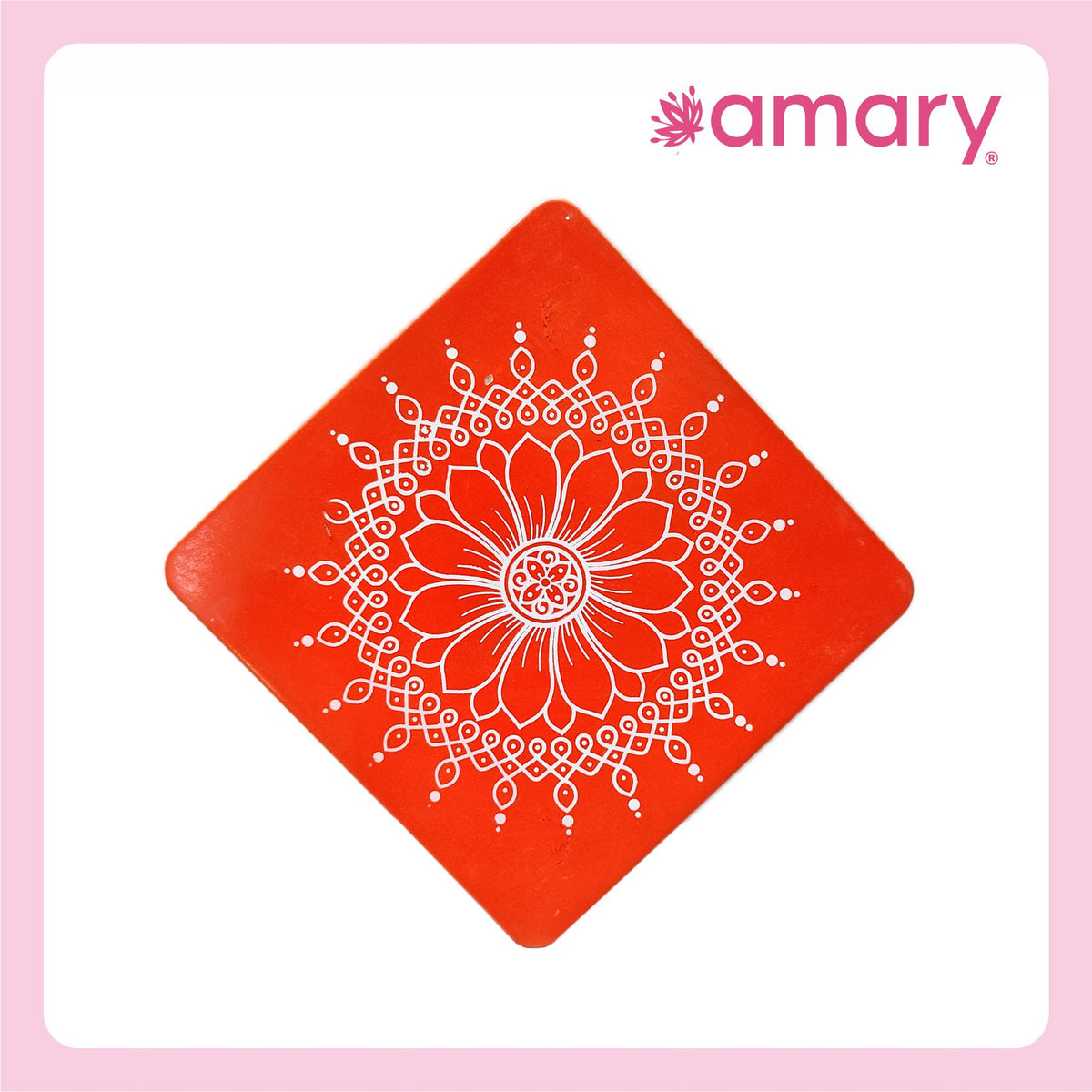 Amary Pooja Chowki | Wooden Palaka/Mane Pedestal for Puja and Diya stand |Traditional MDF Base with Intricate Design | Durable & Decorative | Square Shape – Orange (Small - 15cm x15cm)
