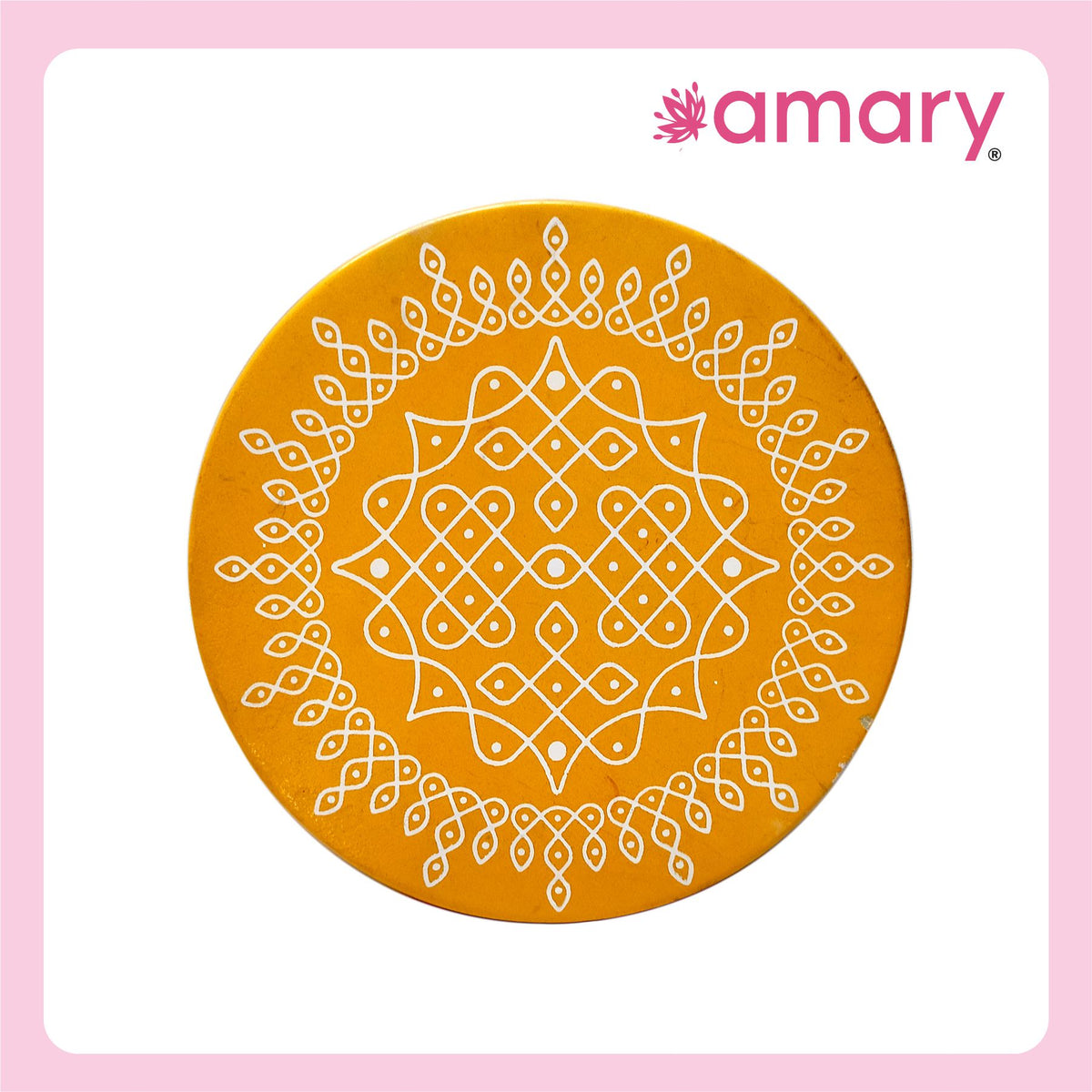 Amary Pooja Chowki | Wooden Palaka/Mane Pedestal for Puja and Diya stand |Traditional MDF Base with Intricate Design | Durable & Decorative | Circle Shape – Orange (Small - 20cm x20cm)