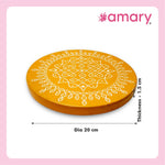 Amary Pooja Chowki | Wooden Palaka/Mane Pedestal for Puja and Diya stand |Traditional MDF Base with Intricate Design | Durable & Decorative | Circle Shape – Orange (Small - 20cm x20cm)
