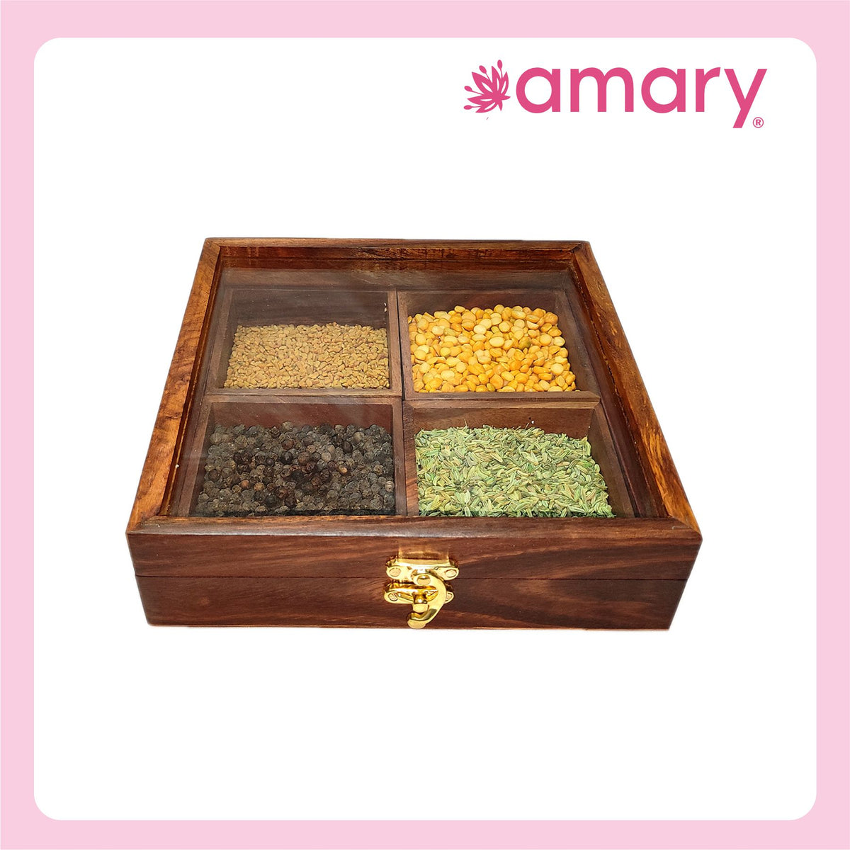 Amary Handcrafted Sheesham Wood Spice Box – 4 Detachable Containers & Spoon | Masala Box for Kitchen Storage & Décor | Traditional Indian Wooden Organizer for Spices & Dry Fruits