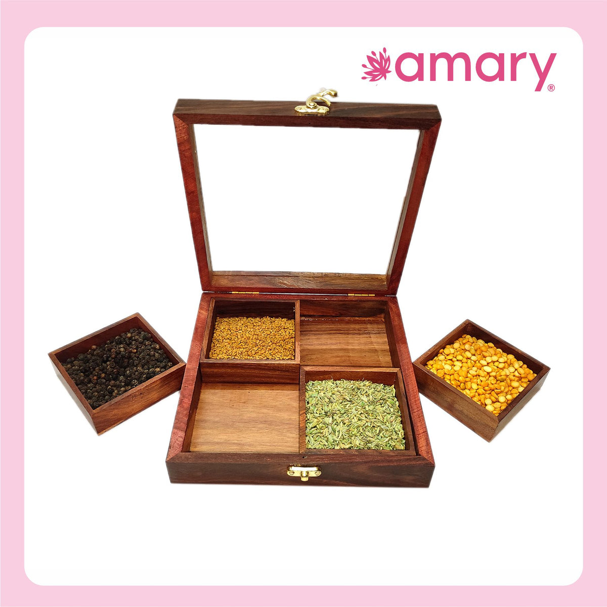 Amary Handcrafted Sheesham Wood Spice Box – 4 Detachable Containers & Spoon | Masala Box for Kitchen Storage & Décor | Traditional Indian Wooden Organizer for Spices & Dry Fruits