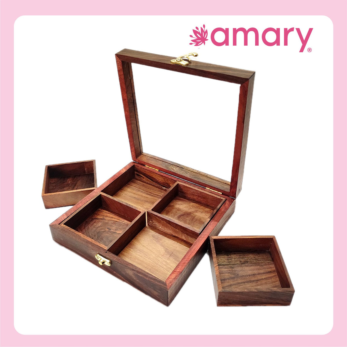 Amary Handcrafted Sheesham Wood Spice Box – 4 Detachable Containers & Spoon | Masala Box for Kitchen Storage & Décor | Traditional Indian Wooden Organizer for Spices & Dry Fruits