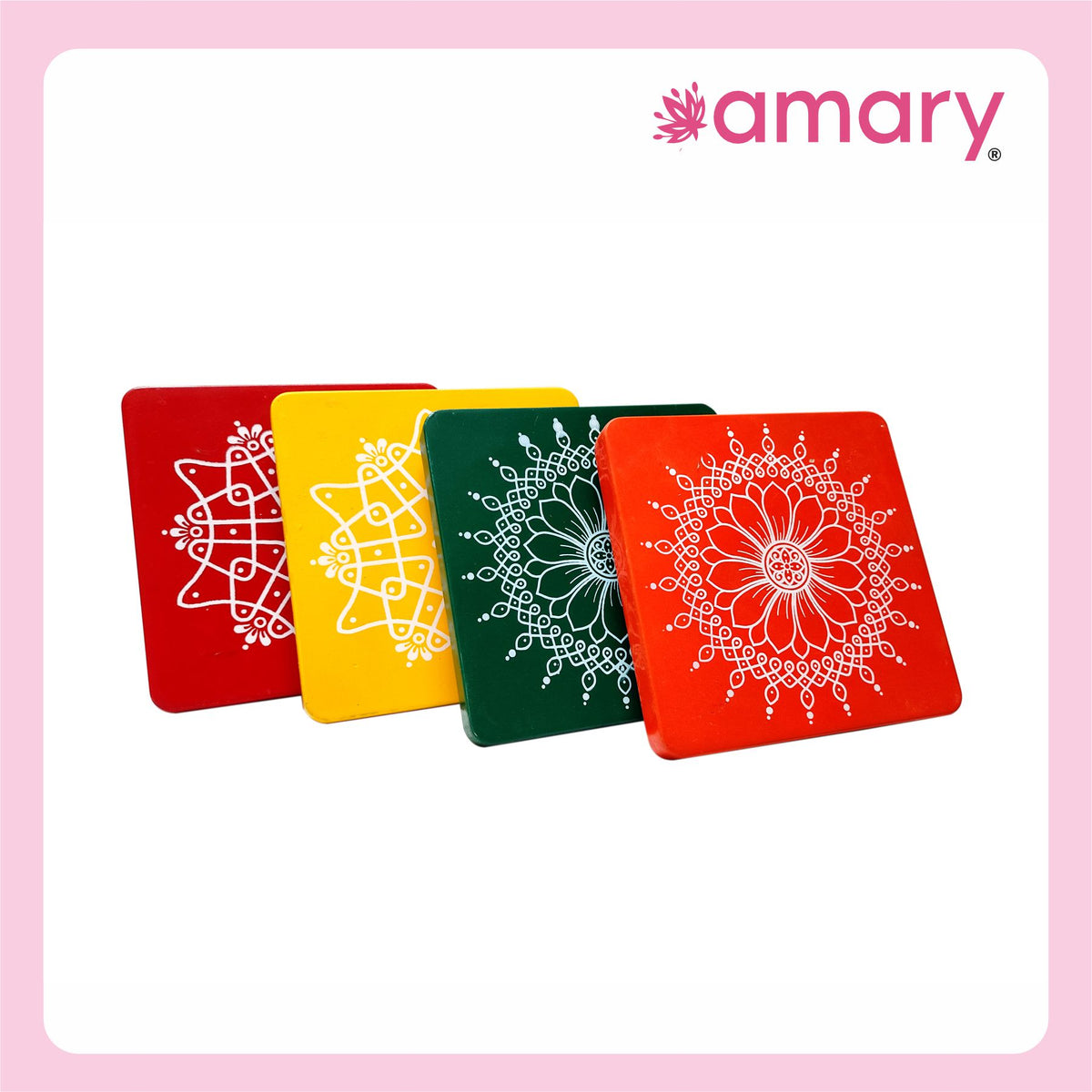 Amary Pooja Chowki | Wooden Palaka/Mane Pedestal for Puja and Diya stand |Traditional MDF Base with Intricate Design | Durable & Decorative | Square Shape – Orange (Small - 15cm x15cm)