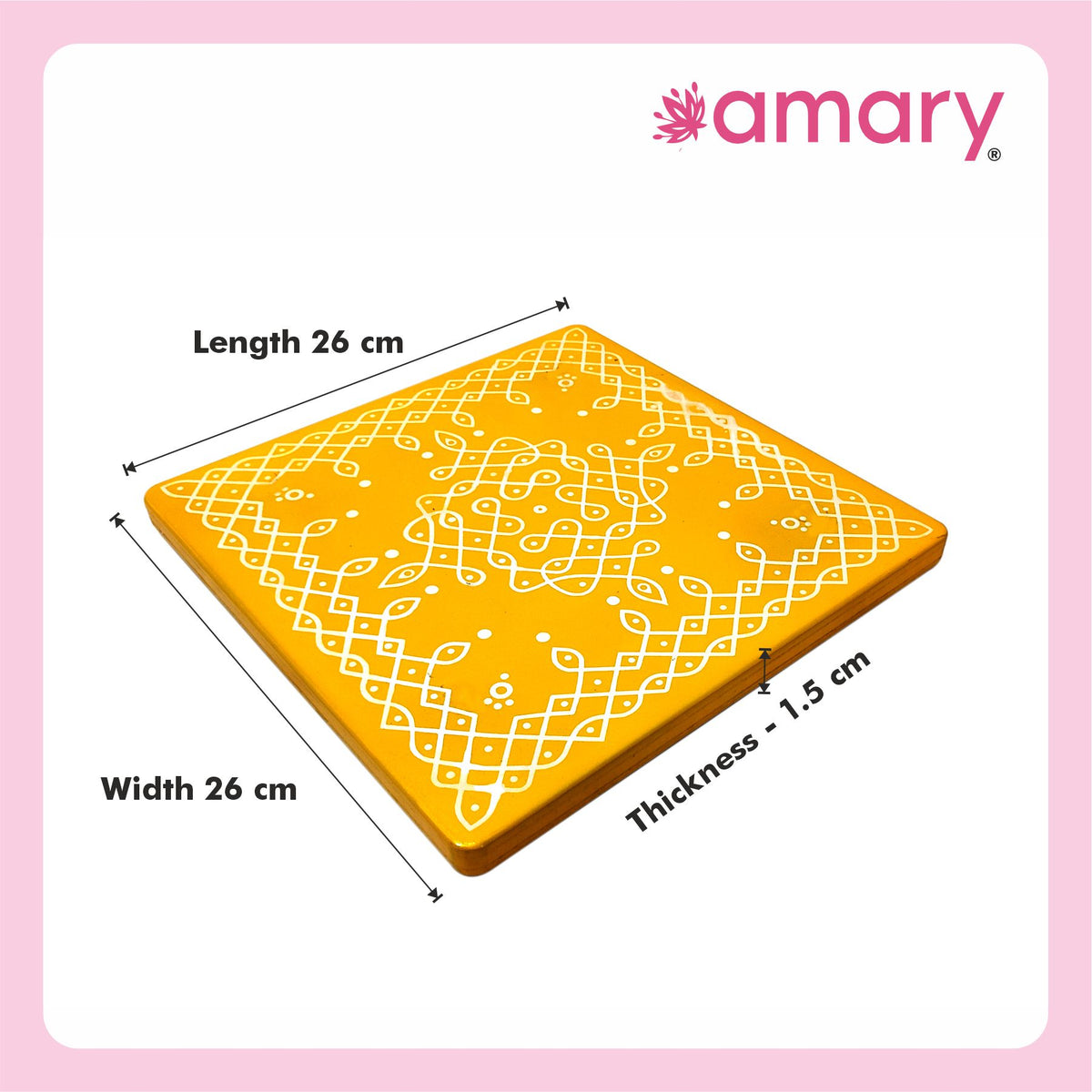 Amary Pooja Chowki | Wooden Palaka/Mane Pedestal for Puja and Diya stand |Traditional MDF Base with Intricate Design | Durable & Decorative | Square Shape - Orange (Big - 26cm x26cm)