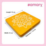 Amary Pooja Chowki | Wooden Palaka/Mane Pedestal for Puja and Diya stand |Traditional MDF Base with Intricate Design | Durable & Decorative | Square Shape – Orange (Small - 15cm x15cm)