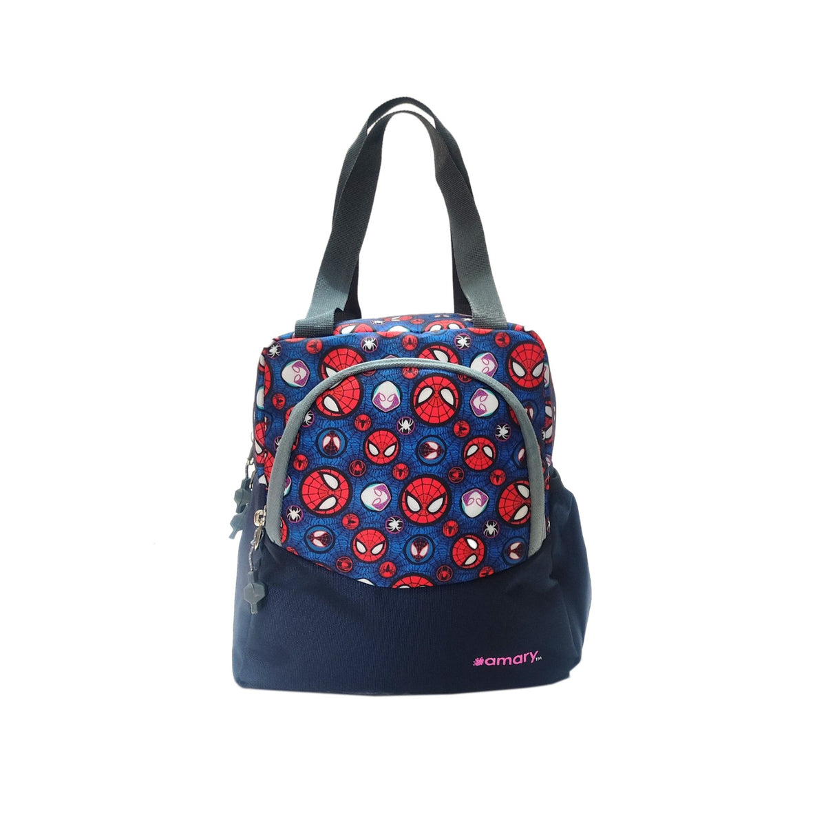 AMARY Lunch Bag with Front Pockets & Bottle Holder – Spacious, Lightweight & Water-Repellent Tiffin Bag for Work, School & Travel (Spiderman, Blue)