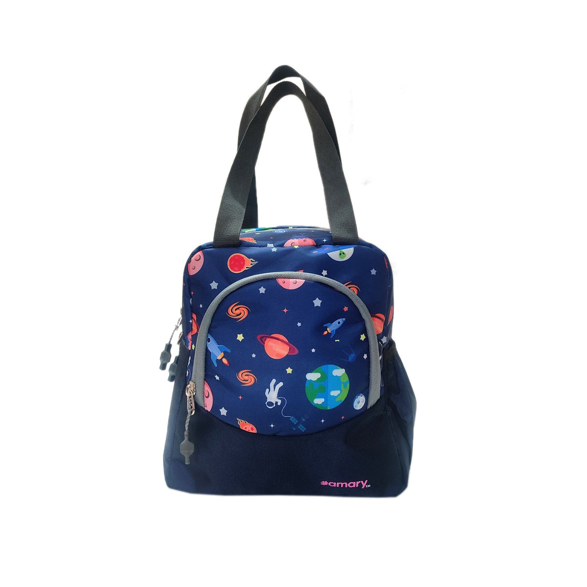 AMARY Lunch Bag with Front Pockets & Bottle Holder | Sturdy Light Weight Special Material |Water Repellent | Spacious Tiffin Bag, Lunch Bag, Bag for All Purpose Needs (Galaxy,Blue)