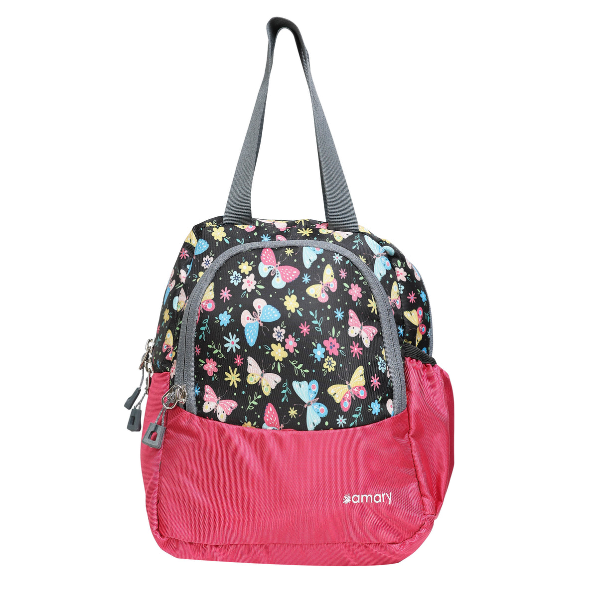 AMARY Lunch Bag with Front Pockets & Bottle Holder | Sturdy Light Weight Special Material | Water Repellent | Spacious Tiffin Bag, Lunch Bag, Storage Bag for All Purpose Needs (Butterfly, Pink)