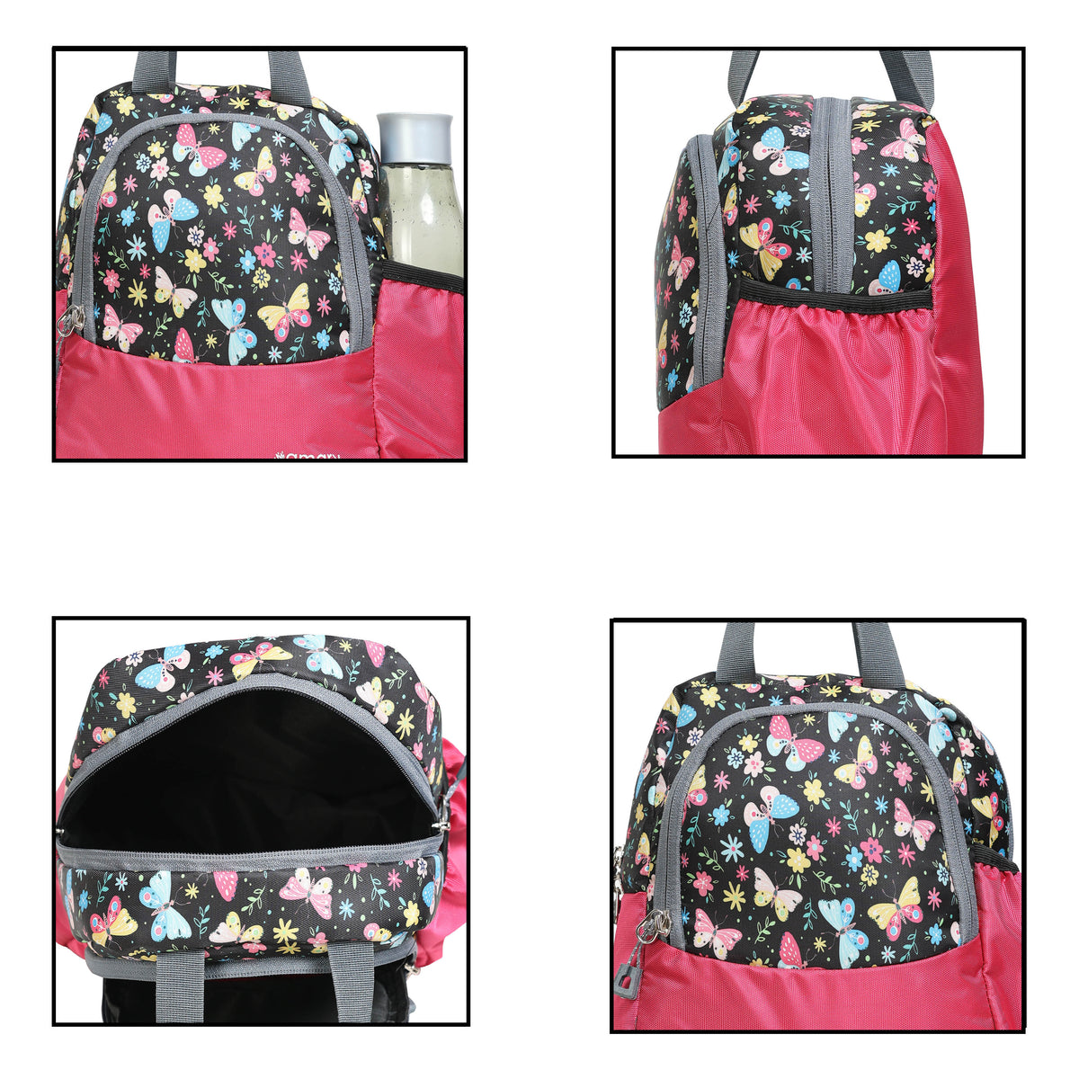 AMARY Lunch Bag with Front Pockets & Bottle Holder | Sturdy Light Weight Special Material | Water Repellent | Spacious Tiffin Bag, Lunch Bag, Storage Bag for All Purpose Needs (Butterfly, Pink)