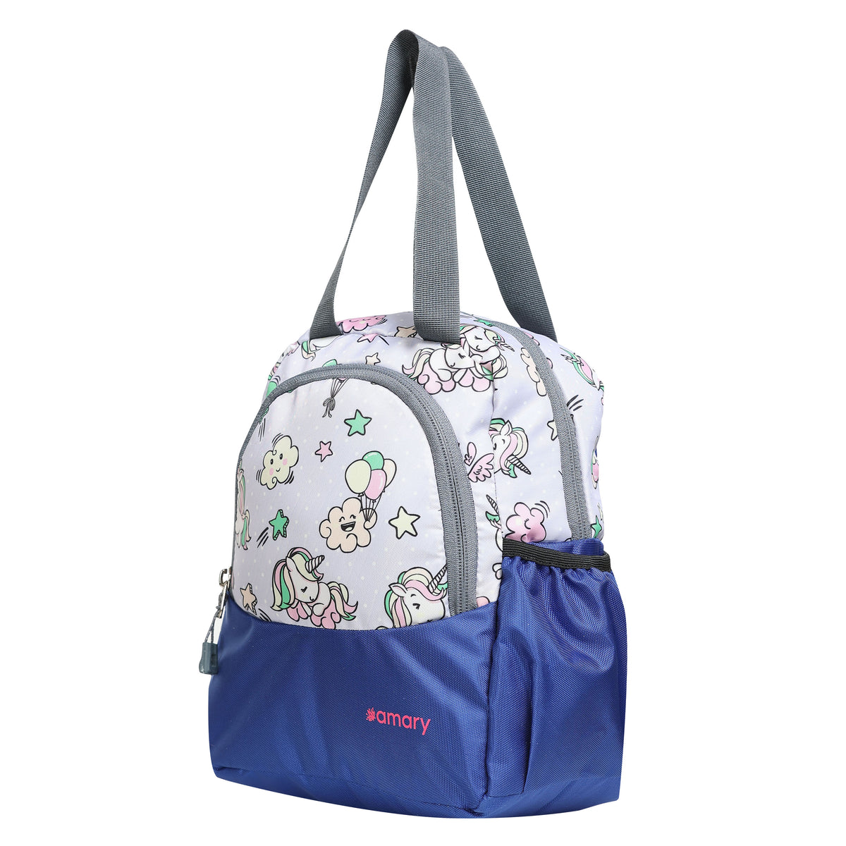 AMARY Lunch Bag with Front Pockets & Bottle Holder | Sturdy Light Weight Special Material | Water Repellent | Spacious Tiffin Bag, Lunch Bag, Storage Bag for All Purpose Needs (Unicorn, Blue )