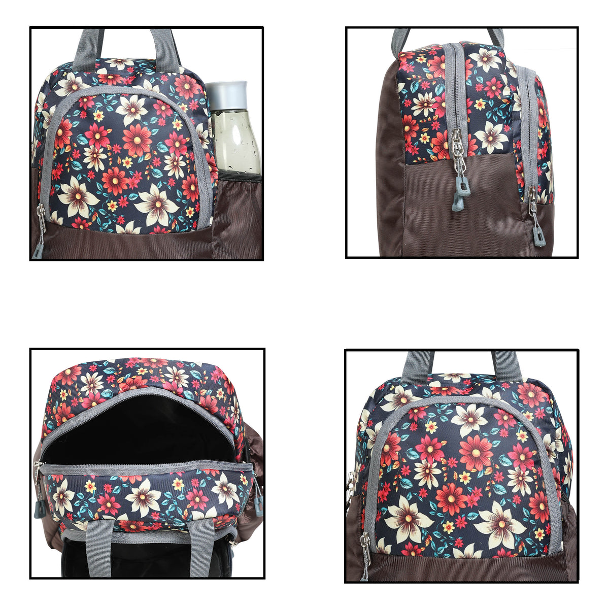 AMARY Lunch Bag with Front Pockets & Bottle Holder | Sturdy Light Weight Special Material | Water Repellent | Spacious Tiffin Bag, Lunch Bag, Storage Bag for All Purpose Needs (Flower, Brown)