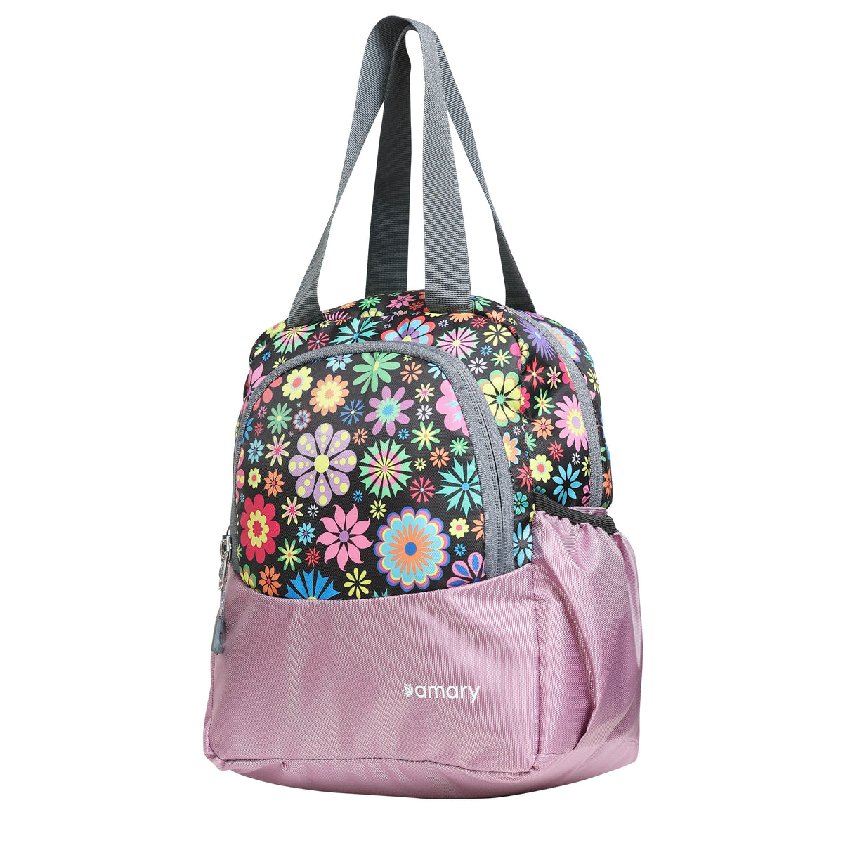 AMARY Spacious Lunch Bag with Front Pockets & Bottle Holder | Sturdy & Lightweight Special Material | Water-Repellent Tiffin Bag, Meal Storage Bag for Office, School, Travel & Picnic (Flower, Lavender )
