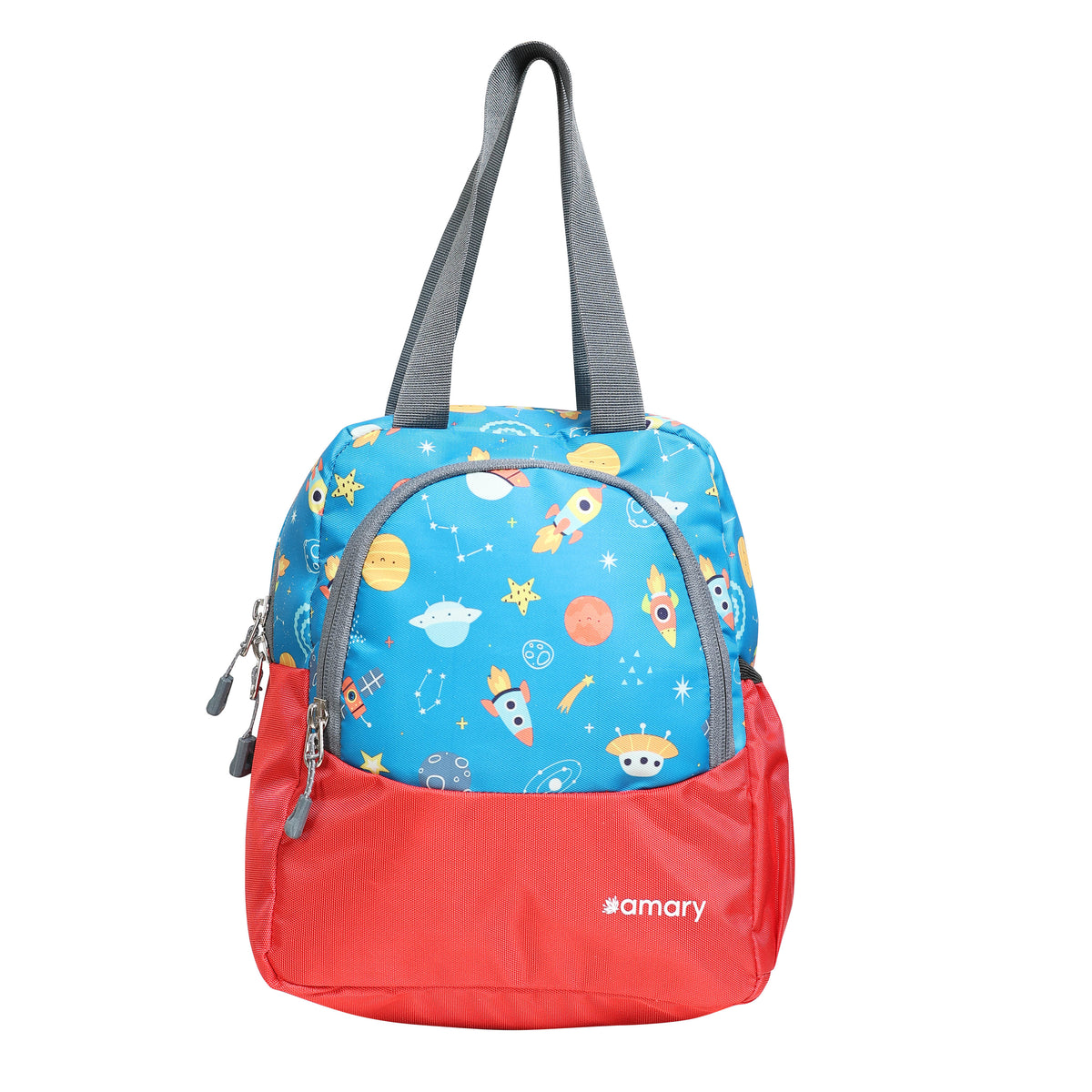 AMARY Lunch Bag with Front Pockets & Bottle Holder | Sturdy Light Weight Special Material |Water Repellent | Spacious Tiffin Bag, Lunch Bag, Bag for All Purpose Needs ( Galaxy Universe, Red)