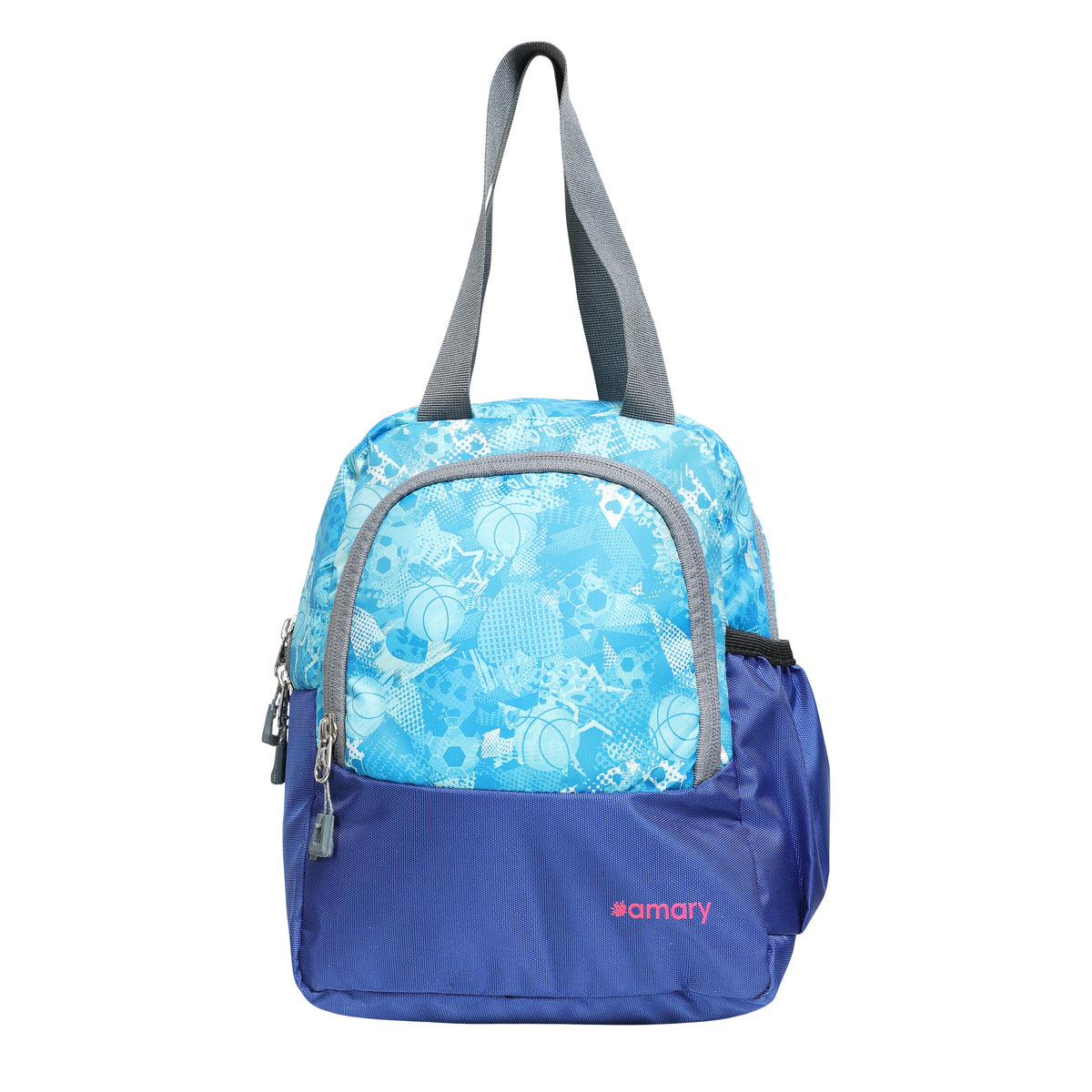 AMARY Lunch Bag with Front Pockets & Bottle Holder | Sturdy Light Weight Special Material | Water Repellent | Spacious Tiffin Bag, Lunch Bag, Storage Bag for All Purpose Needs (Football, Blue )