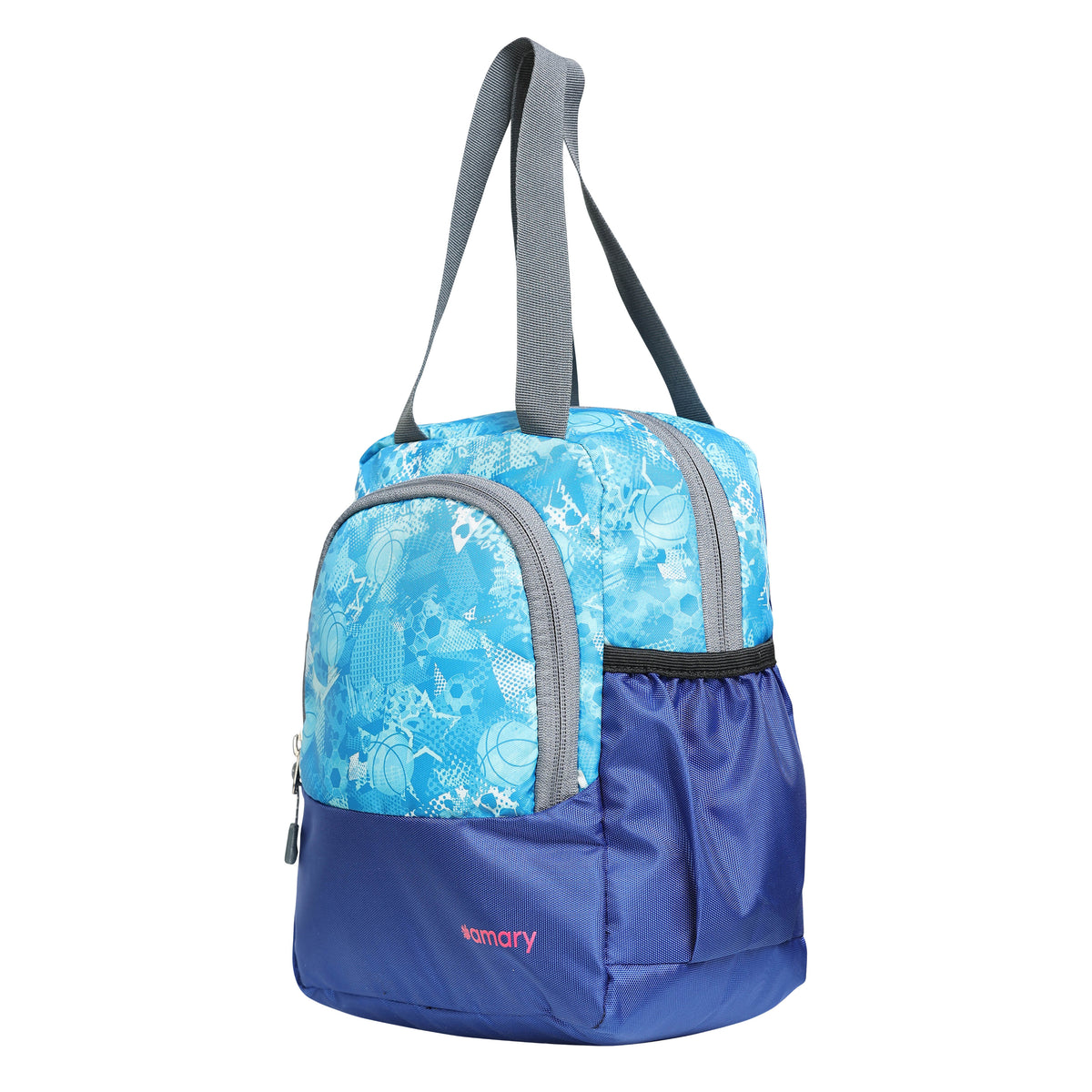 AMARY Lunch Bag with Front Pockets & Bottle Holder | Sturdy Light Weight Special Material | Water Repellent | Spacious Tiffin Bag, Lunch Bag, Storage Bag for All Purpose Needs (Football, Blue )