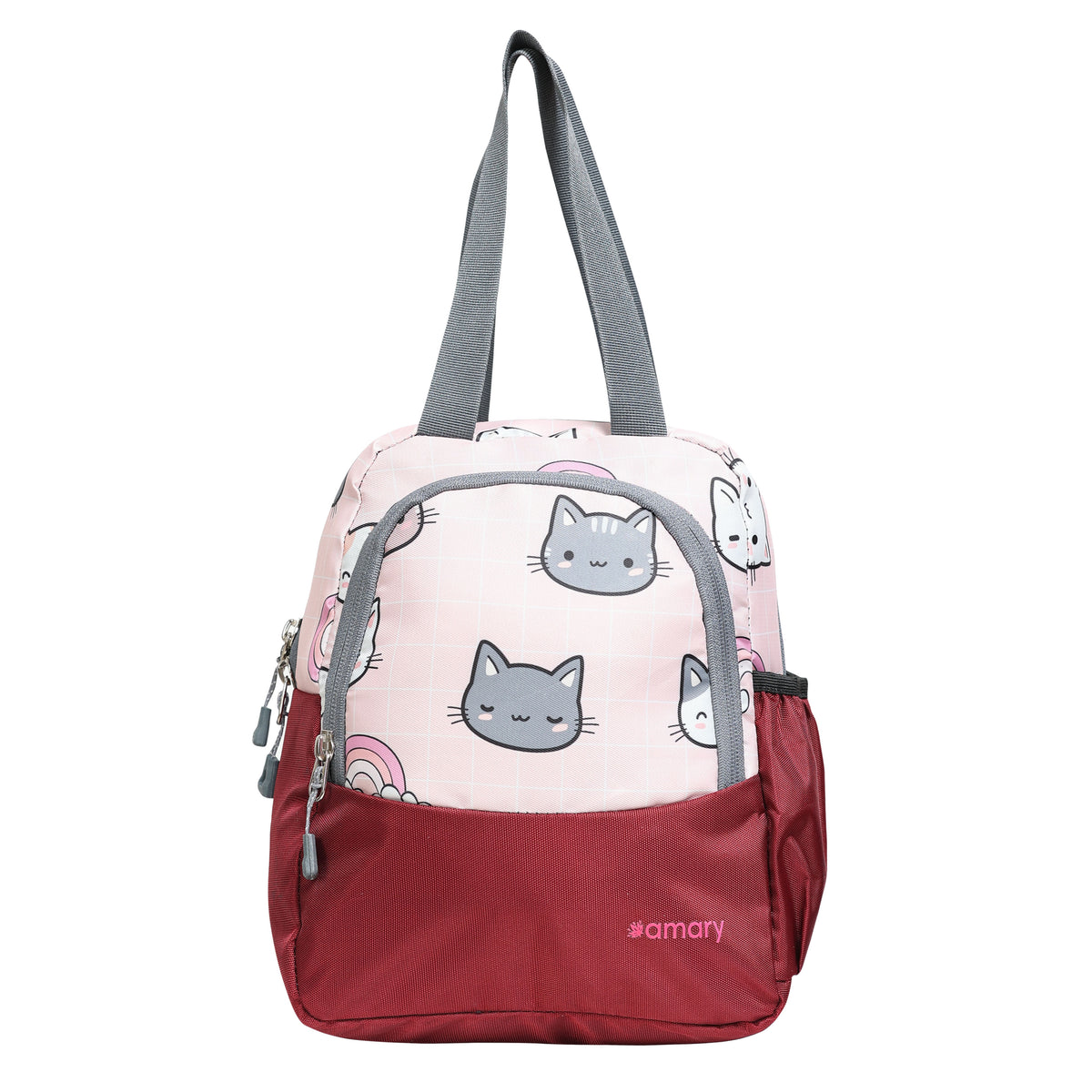 AMARY Lunch Bag with Front Pockets & Bottle Holder | Sturdy Light Weight Special Material | Water Repellent | Spacious Tiffin Bag, Lunch Bag, Storage Bag for All Purpose Needs (Cat Rainbow, Maroon)