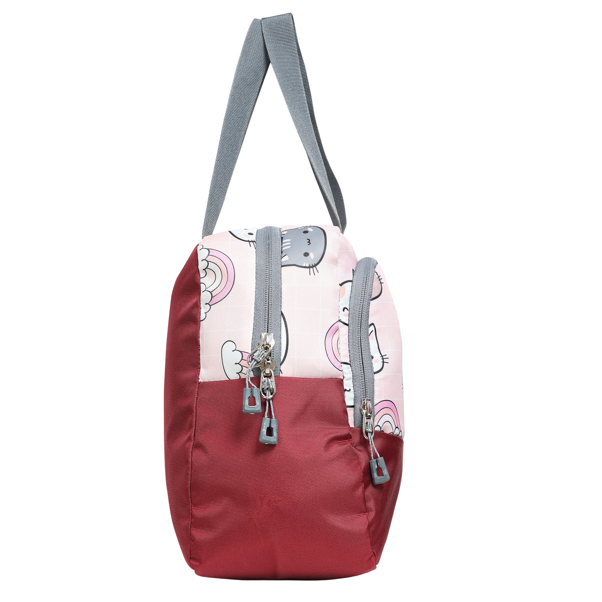AMARY Lunch Bag with Front Pockets & Bottle Holder | Sturdy Light Weight Special Material | Water Repellent | Spacious Tiffin Bag, Lunch Bag, Storage Bag for All Purpose Needs (Cat Rainbow, Maroon)