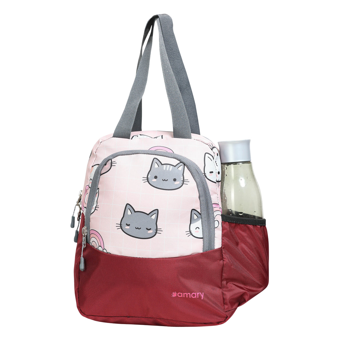 AMARY Lunch Bag with Front Pockets & Bottle Holder | Sturdy Light Weight Special Material | Water Repellent | Spacious Tiffin Bag, Lunch Bag, Storage Bag for All Purpose Needs (Cat Rainbow, Maroon)