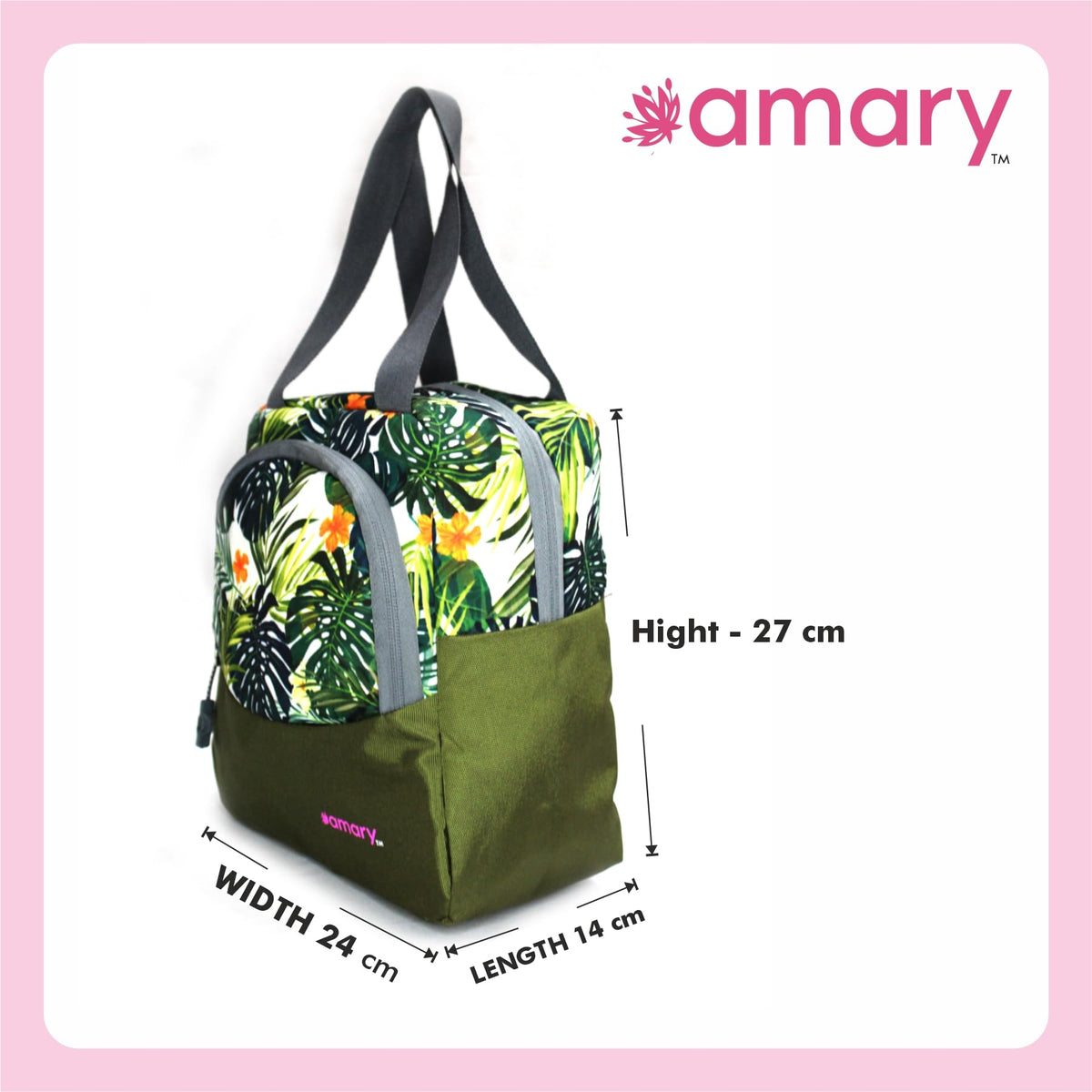 AMARY Lunch Bag with Front Pockets & Bottle Holder | Sturdy Light Weight Special Material | Water Repellent | Spacious Tiffin Bag, Lunch Bag, Storage Bag for All Purpose Needs (Floral, Army Green)