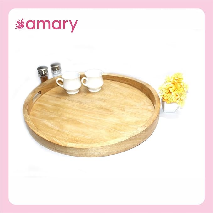 Amary Mango Wood Round Serving Tray – Handmade Multifunctional Tray for Food & Drinks, Easy Grip