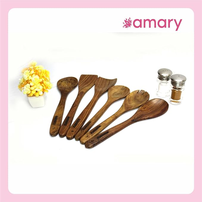 Amary Sheesham Wood Cooking Spoon Set – Handmade Non-Stick Frying Spoons, Ladles & Spatulas (Set of 6)