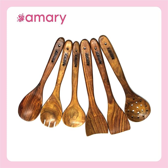Amary Sheesham Wood Cooking Spoon Set – Handmade Non-Stick Frying Spoons, Ladles & Spatulas (Set of 6)