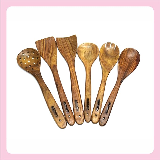 Amary Sheesham Wood Cooking Spoon Set – Handmade Non-Stick Frying Spoons, Ladles & Spatulas (Set of 6)