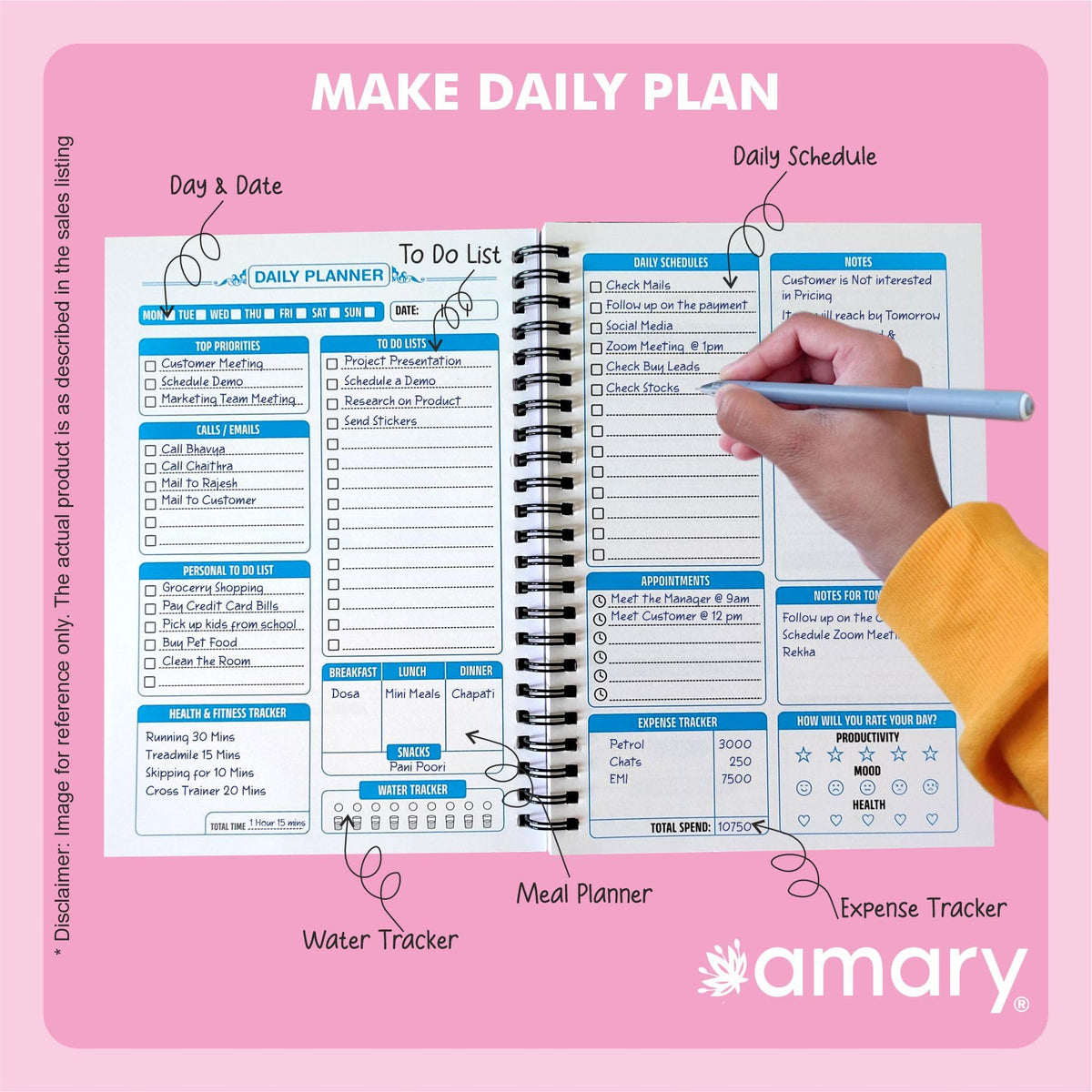 Amary My Daily Planner – 180 Pages, 90 GSM, Wire-O Bound | Organize Your Day with To-Do Lists, Priorities, Goal & Wellness Tracker, Appointments, Deadlines, Reminders, Notes | Saffron