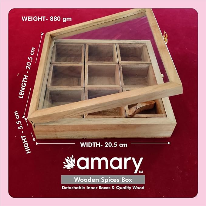 AMARY Handcrafted Sheesham Wooden Spice Box Sets with detachable 9 Containers & Spoon - Perfect for spice/masalabox/kitchen/Decorative handmade masala organizer.