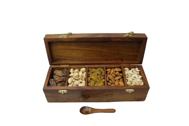 Amary Sheesham Spice Box – 5-Compartment Organizer with Spoon for Spices, Masala, & Dry Fruits