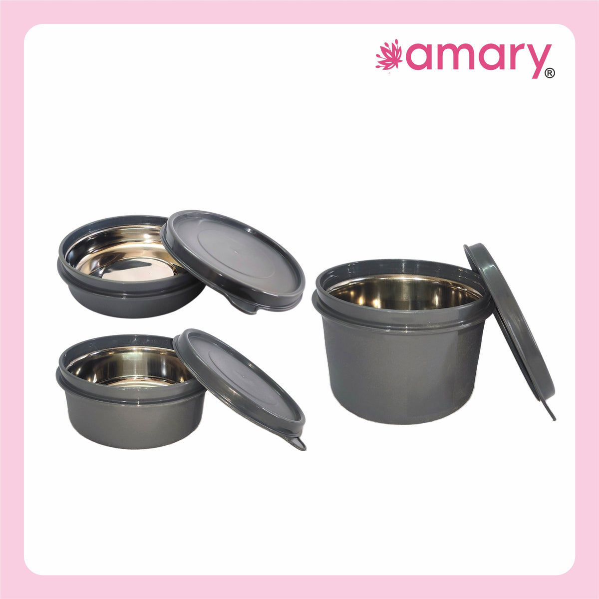 AMARY Stainless Steel Inner Microsafe Container Combo | Airtight & Leakproof | Microwave Safe | Preserves Freshness & Aroma | Best for School, Office, Travel & Outdoor Activities | Black | 350gm