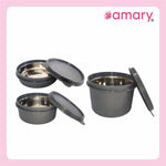 AMARY Stainless Steel Inner Microsafe Container Combo | Airtight & Leakproof | Microwave Safe | Preserves Freshness & Aroma | Best for School, Office, Travel & Outdoor Activities | Black | 350gm