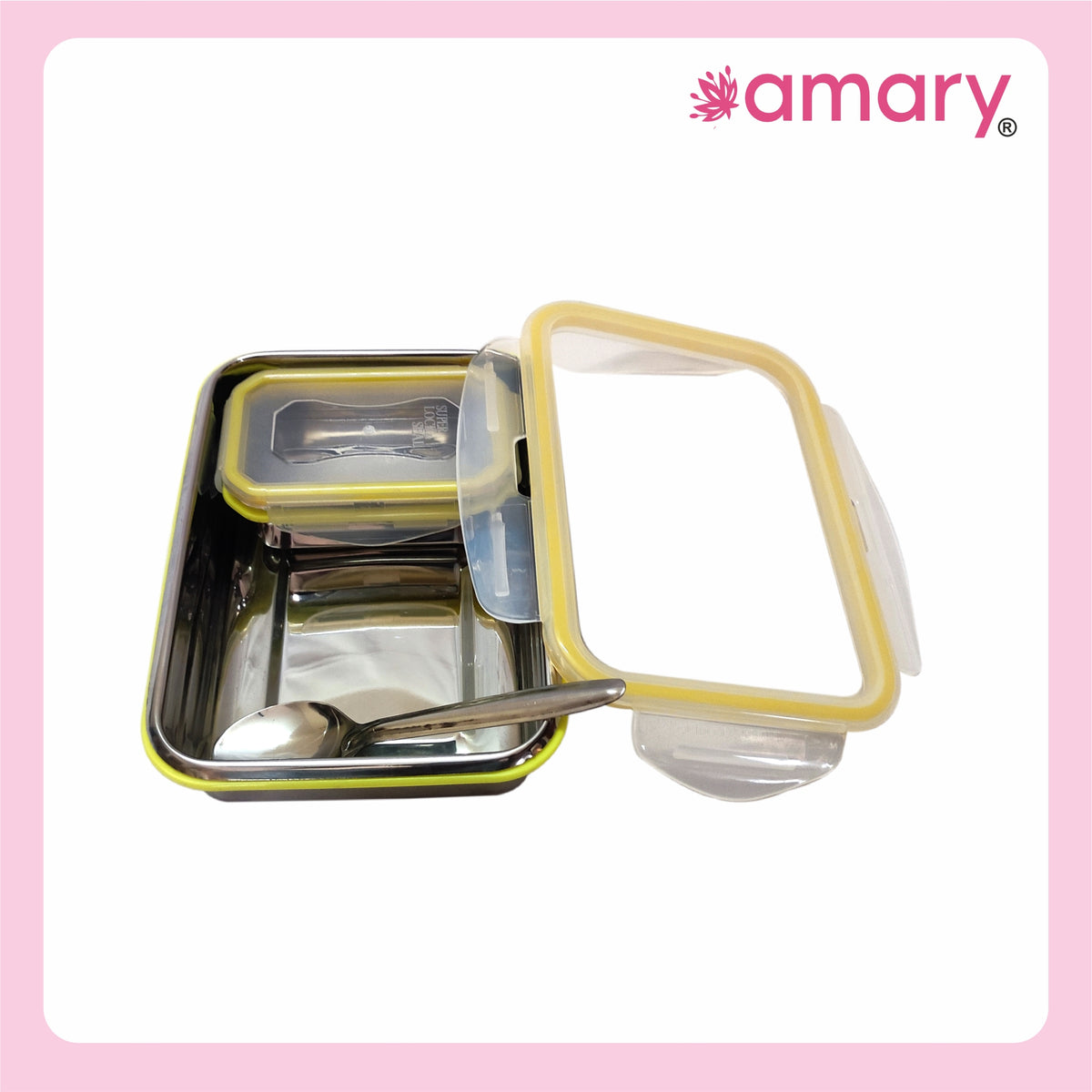 AMARY SS Lunch Box Medium Yellow - 270gm Stainless Steel Tiffin Container with 4 Side Clip Lock Lid for Office & School Use/Food Grade/Airtight/Leak Proof/Easy to Carry (270ml)