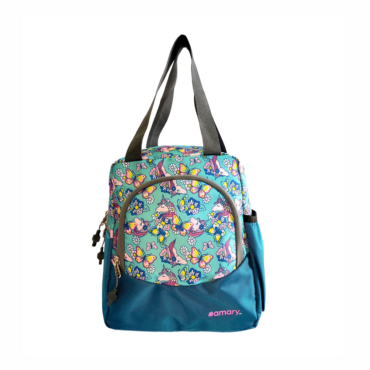 AMARY Lunch Bag with Front Pockets & Bottle Holder | Sturdy Light Weight Special Material |Water Repellent | Spacious Tiffin Bag, Lunch Bag, Bag for All Purpose Needs (Butterfly,Auqa Blue)