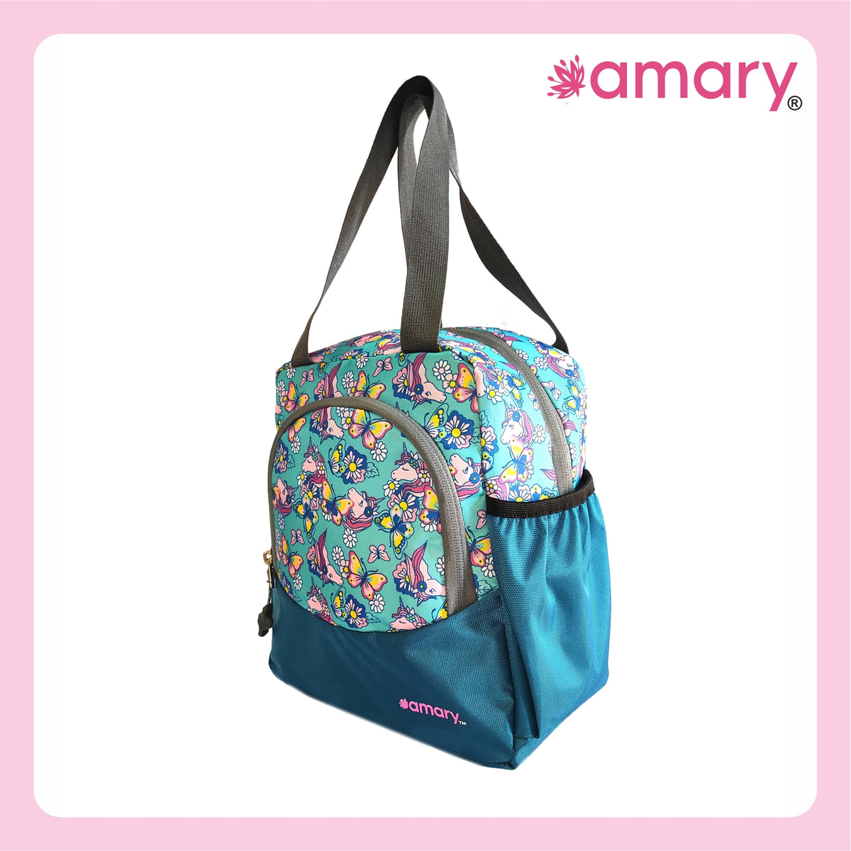 AMARY Lunch Bag with Front Pockets & Bottle Holder | Sturdy Light Weight Special Material |Water Repellent | Spacious Tiffin Bag, Lunch Bag, Bag for All Purpose Needs (Butterfly,Auqa Blue)