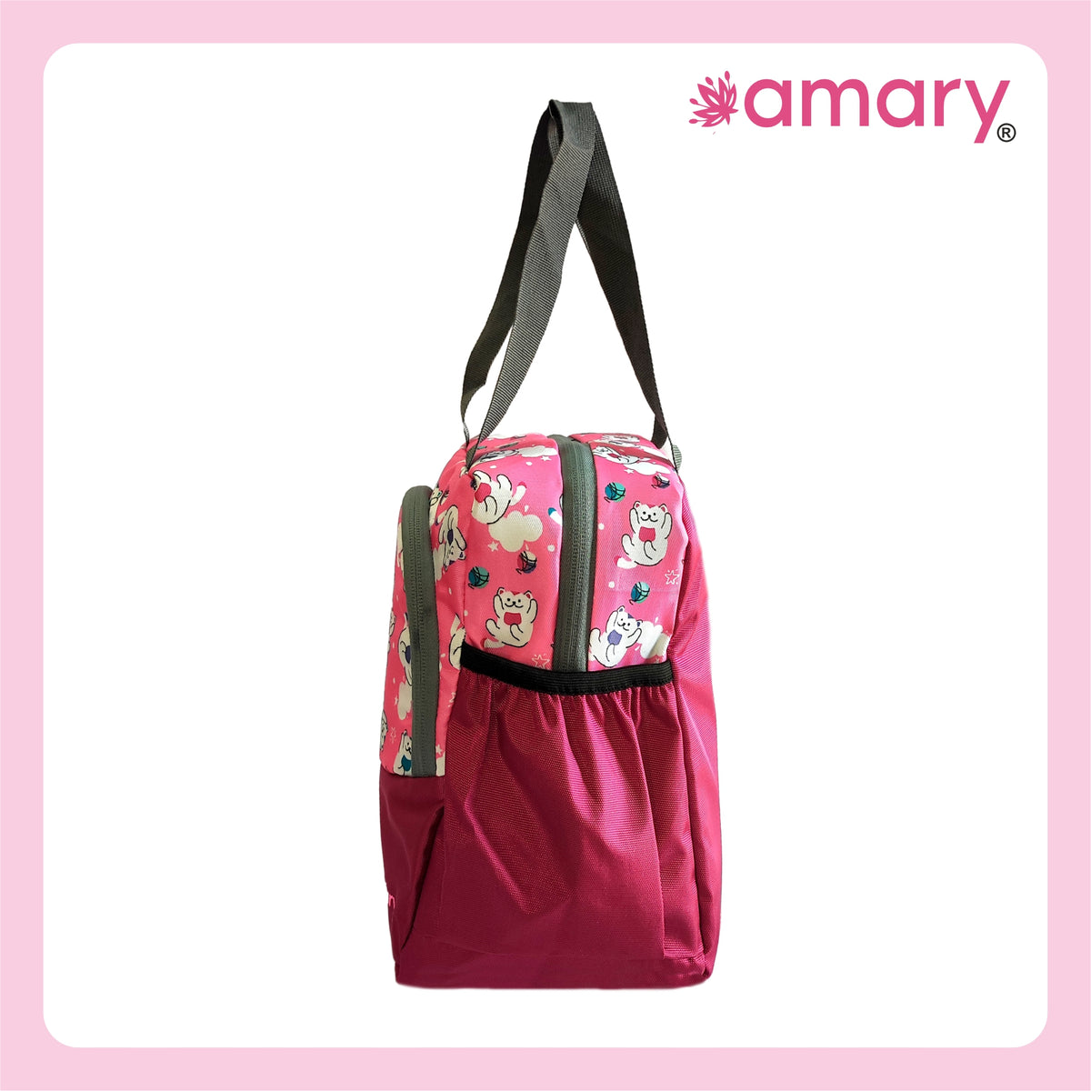 AMARY Lunch Bag with Front Pockets & Bottle Holder | Sturdy Light Weight Special Material |Water Repellent | Spacious Tiffin Bag, Lunch Bag, Bag for All Purpose Needs (Teddy bear,Voilet)