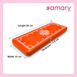 Amary Pooja Chowki | Wooden Palaka/Mane Pedestal for Puja and Diya stand |Traditional MDF Base with Intricate Design | Durable & Decorative | Rectangle Shape – Orange (Small - 26cm x10cm)
