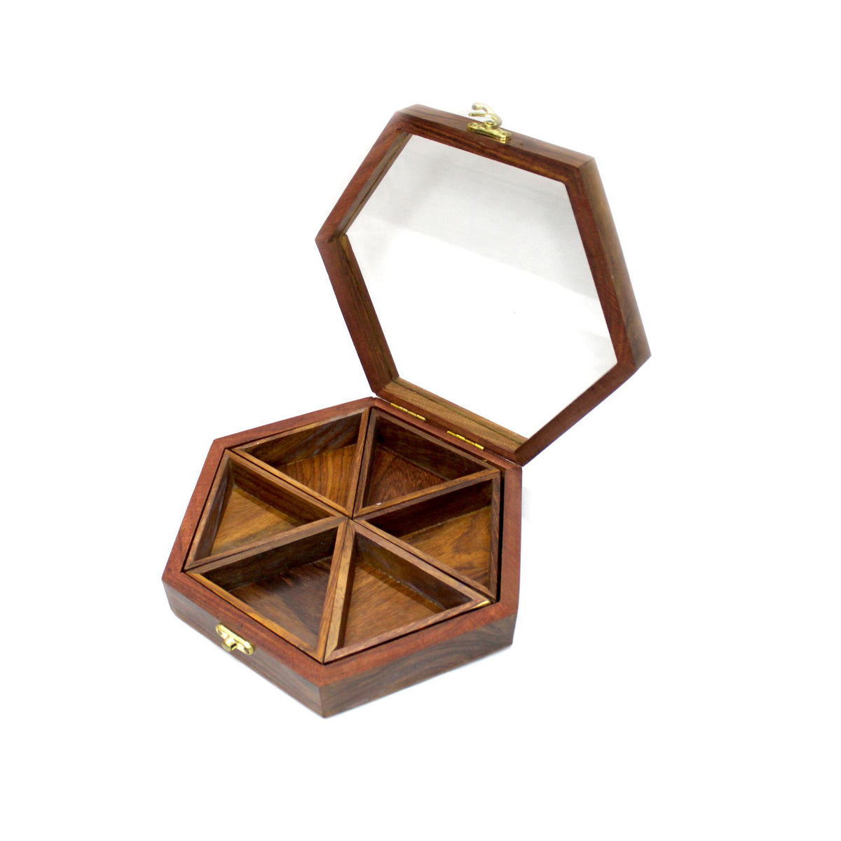 Amary Sheesham Hexagonal Spice Box – 6 Detachable Containers with Spoon for Spices, Masala, & Dry Fruits