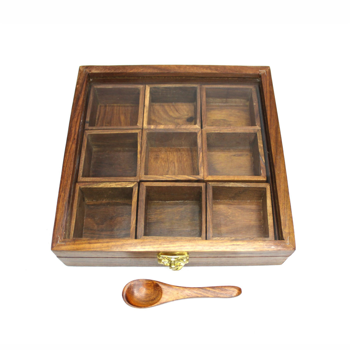Amary Sheesham Spice Box – Handcrafted 9-Container Masala Organizer with Spoon for Kitchen & Decor