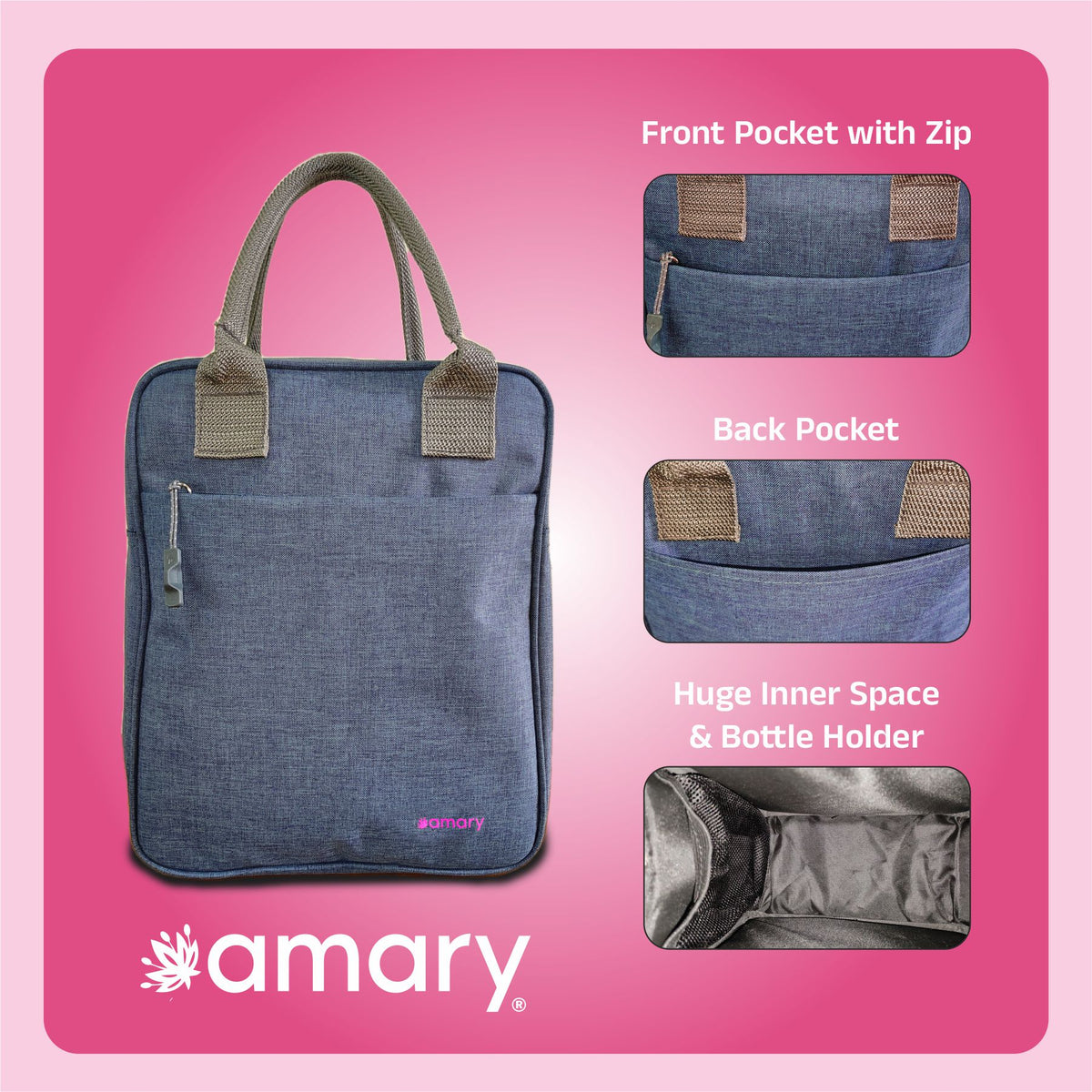 AMARY Lunch Bag | Special Light Material, Water Repellent, Insulated | Keeps Hot and Cold | Zipper & Sturdy Stitching | Spacious Tiffin Bag for Office, College, School, Outdoor & Picnic (Airport Blue, 8 Litre)