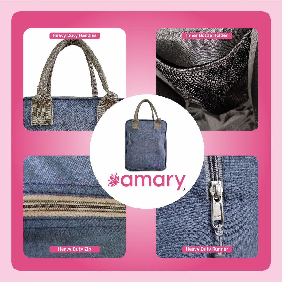AMARY Lunch Bag | Special Light Material, Water Repellent, Insulated | Keeps Hot and Cold | Zipper & Sturdy Stitching | Spacious Tiffin Bag for Office, College, School, Outdoor & Picnic (Airport Blue, 8 Litre)